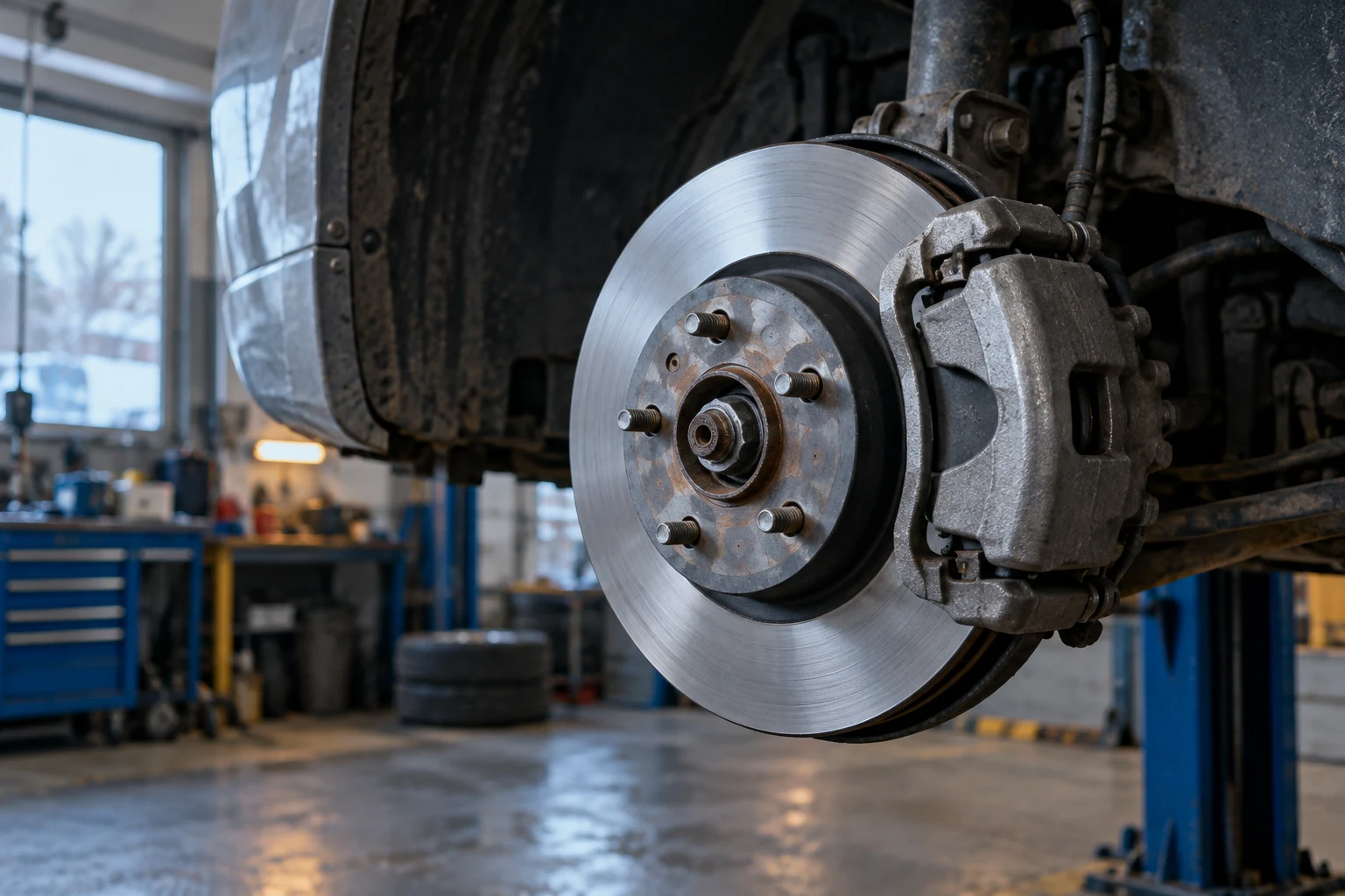 Illustrative automotive brake and wheel assembly detail