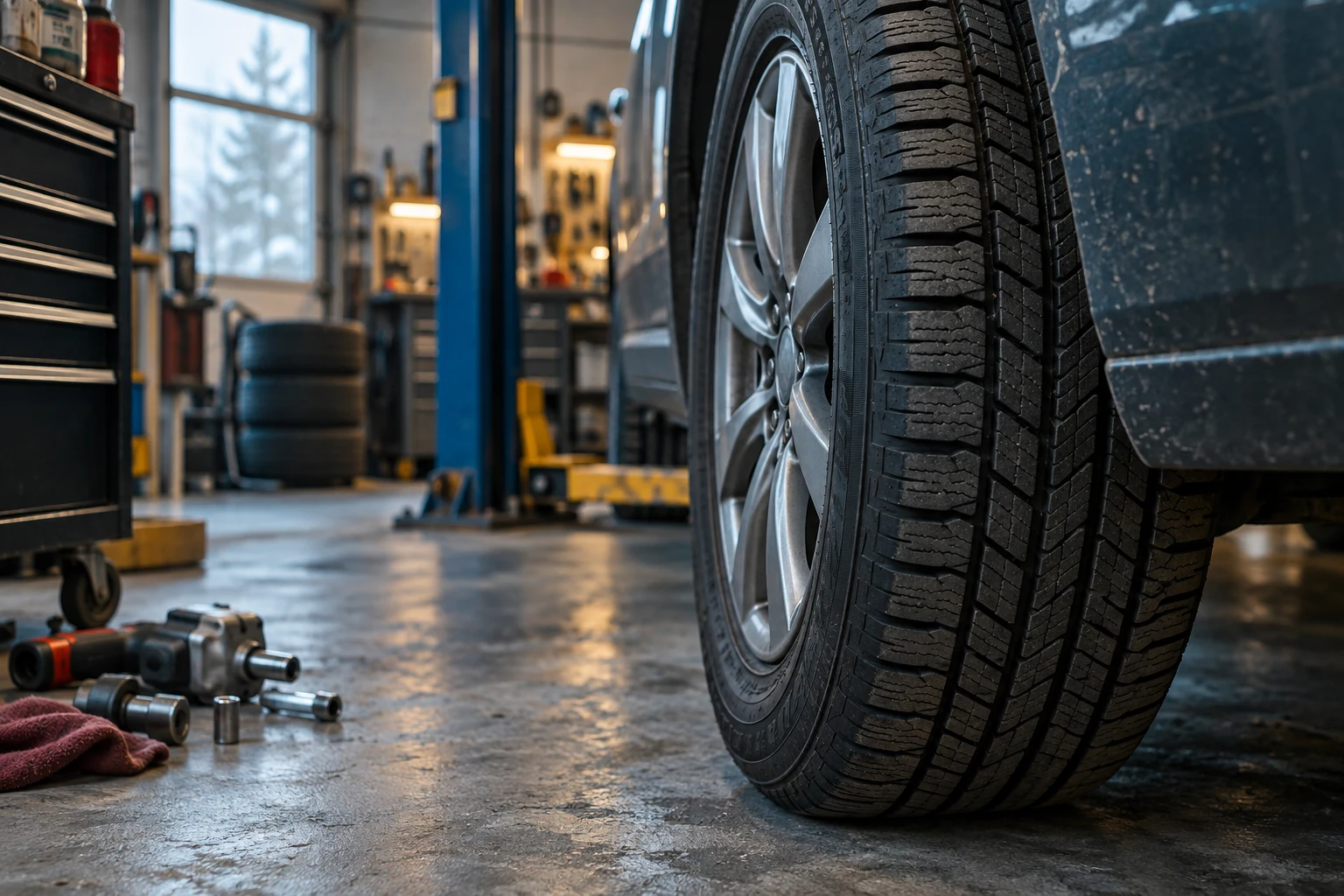 Illustrative tire tread and wheel detail