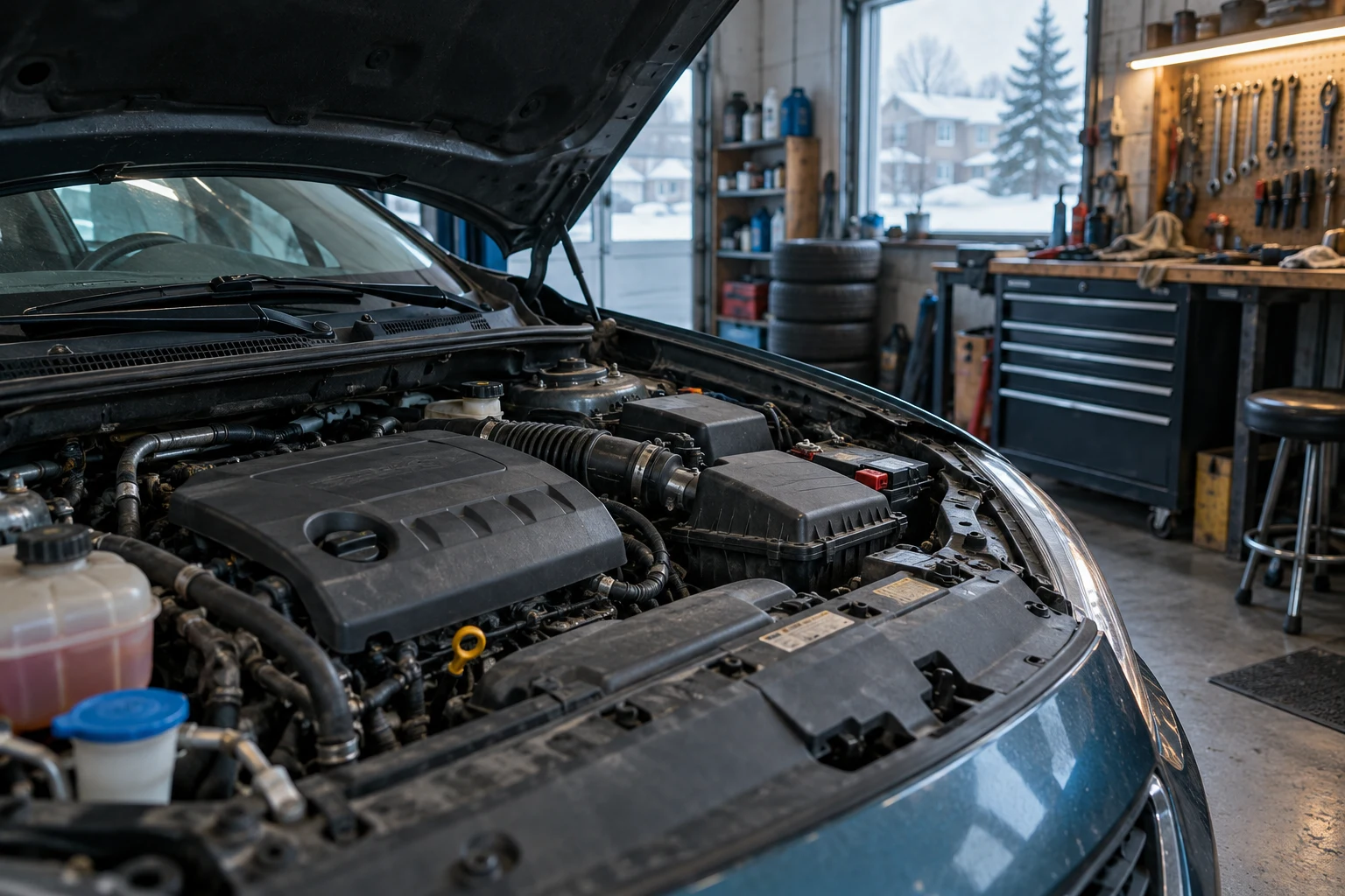Illustrative open engine bay and workshop equipment