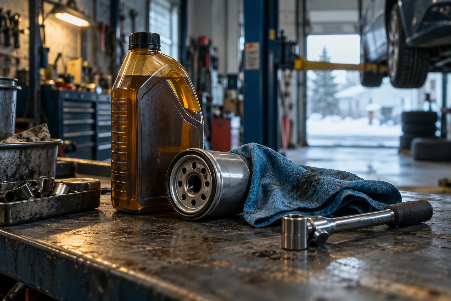 Illustrative oil service tools on a workbench